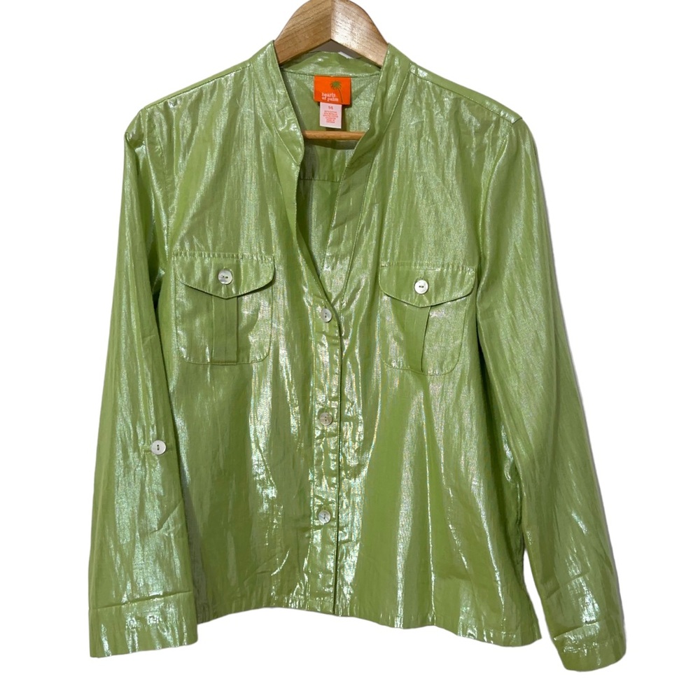 Hearts of Palm Metallic Button Down Shirt with Roll Tab Sleeve 14